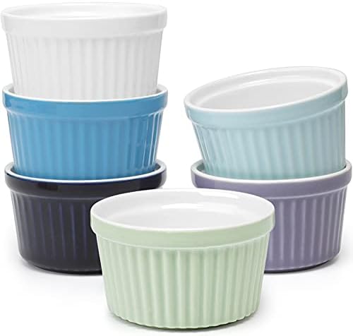 amHomel 8 OZ Ramekins Oven Safe - Porcelain Ramekins Set for Creme Brulee, Pudding and Sauce, Souffle Dishes Bakeware Set, Baking Cups for Souffle, Set of 6, Cold Assorted Color