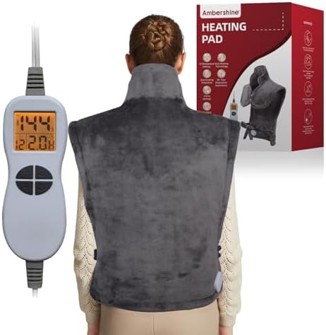 Ambershine 26"x35" XXXL King Size Neck& Shoulder& Back Heating Pad with 12 Temperature Settings& 4 Auto-Off Countdown Timers, Pain Relief for Back/Neck/Shoulder, Christmas gift for mom dad (Dark Gray)