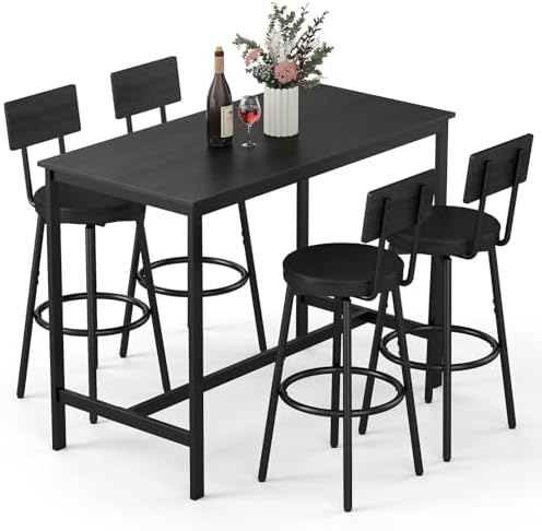 Dining Table Set for 4, 5-Piece Bar Table Set, Kitchen Table and Chairs, Counter Height High Top Table with 4 PU Upholstered Stools, Space-Saving Pub Tables Set for Small Space, Black