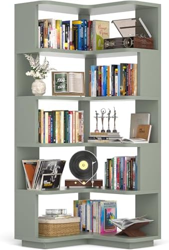 Armocity Corner Book Shelf - 6 Tier Corner Bookshelf Etagere Bookcase with Baffle, Freestanding L Shaped Display Shelf Stand for Home Office, Living Room, Bedroom, Kitchen, Crab Green