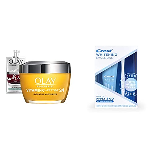 Olay Regenerist Vitamin C + Peptide 24 Brightening Face Moisturizer + Travel Size Whip Face Moisturizer and Crest Whitening Emulsions Leave-on Teeth Whitening Kit with Applicator (0.88 Oz)