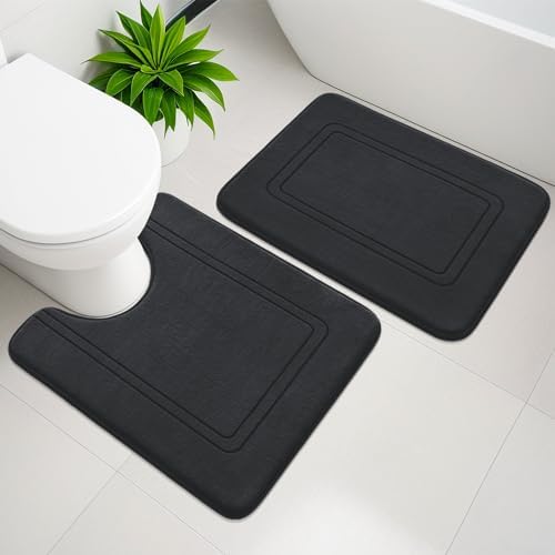YIHOUSE Memory Foam Bath Mat Set, Bathroom Rugs Sets 2 Pieces, Non Slip Bath Mats for Bathroom, Super Soft and Water Absorbent Bath Rug Set, Machine Washable U Shape Toilet Rug,Black