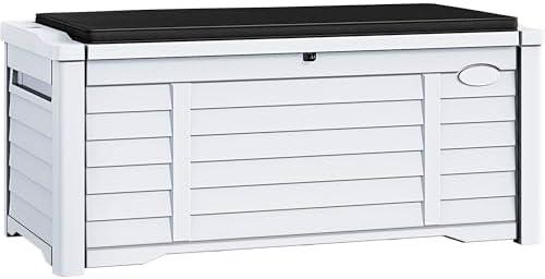 DWVO 120 Gallon Outdoor Louver Storage Deck Box w/Seating Cushion, Large Storage Box for Outdoor Pillows, Garden Tools and Pool Supplies, Resin, Waterproof, Lockable (White)