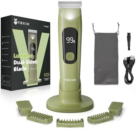 VIKICON Body Hair Trimmer for Men & Women: Safety Electric Razor for Pubic, Legs, Chest, Face w/Dual-Sided Single Blade & 5 Guide Combs, Waterproof Smooth Intimate Shaver, 150min Long Battery Life