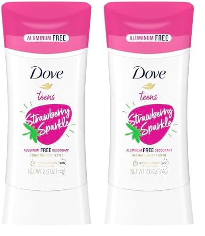 Dove Teens Deodorant Stick Strawberry Sparkle, for gentle underarm care, 48-hour odor protection and aluminum free deodorant, 2.6 oz (Pack of 2)