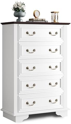 WLIVE Farmhouse Dresser for Bedroom, Wood Dresser with 5 Drawer, Chest of Drawers with Roman Metal Handle for Living Room, White