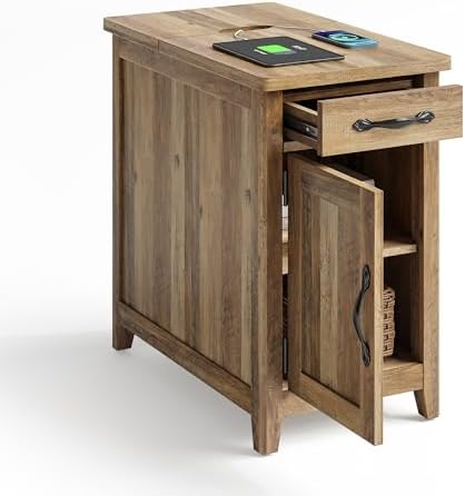 LINSY HOME Farmhouse End Table with Charging Station, Narrow Side Table for Living Room, Sofa Side Table with Drawer and Storage Cabinet, Small Nightstand for Home Office