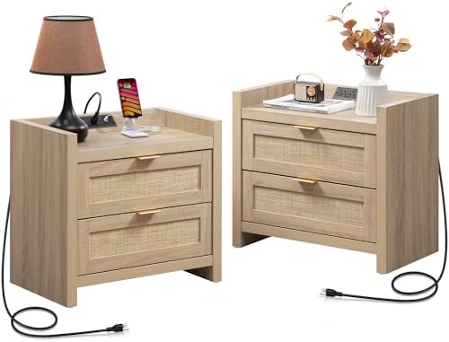 SICOTAS Rattan Nightstands Set of 2 Bedside Table - Bedroom Night Stand with Type-C Charging Station, 2 Drawers Storage - Boho Night Stands End Table for Bedroom Office - Light Oak