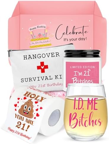 21st Birthday Gifts for Her Unique 21 Year Old Birthday Gifts for Her Funny Gift for 21 Year Old Female 21st Bday Decorations for Women - Wine Glass Toilet Paper Candle Makeup Bag
