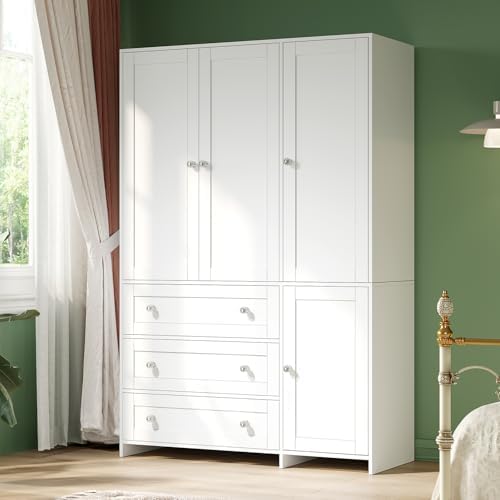 VOWNER Armoire Wardrobe Closet with Drawers and Mirror, 71" Clothing Storage Cabinet with Hanging Rod, 4 Doors Wooden Wardrobe Cabinet for Bedroom, Large Capacity Storage, White