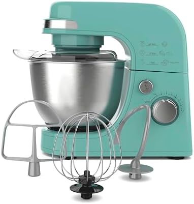 Hamilton Beach Electric Stand Mixer, 4 Quarts, Dough Hook, Flat Beater Attachments, Splash Guard 7 Speeds with Whisk, Aqua