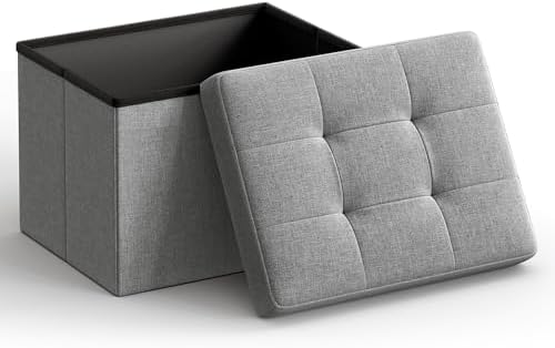 SONGMICS Mazie Collection - Small Folding Storage Ottoman, Foot Rest Stool, 12.2 x 16.1 x 12.2 Inches, 286 lb Load Capacity, for Living Room, Bedroom, Home Office, Dorm, Light Gray ULSF102G02