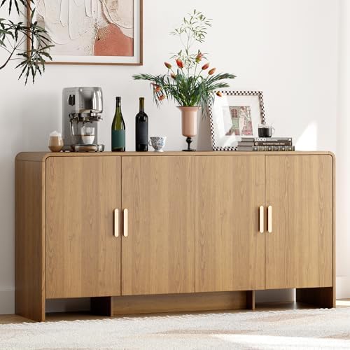 ONBRILL 60" Sideboard Buffet Cabinet with Storage, Curved Design Farmhouse Coffee Bar Cabinet with 4 Doors & Adjustable Shelves for Living Room, Kitchen, Hallway, Oak