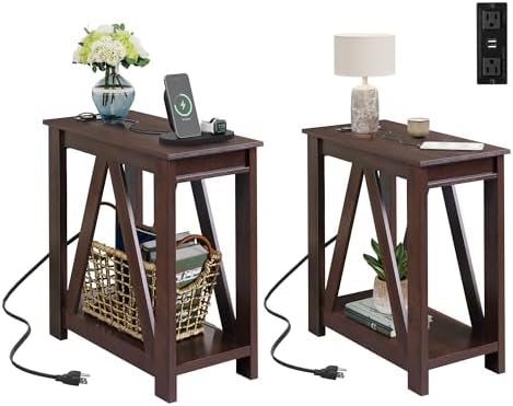 WLIVE End Tables Living Room Set of 2 with Charging Station, Sofa Side Tables with Open Storage Shelf, Slim Farmhouse End Table Sets, Espresso