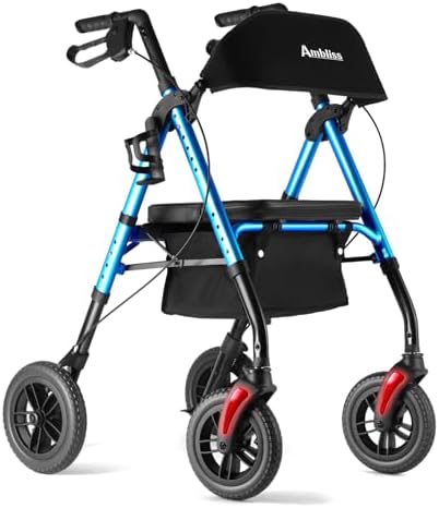 Ambliss Rollator Walkers with Seat for Seniors, 8" Wheels, 300lb. Weight Capacity, All Terrain Lightweight Walkers for Seniors with Backrest, Height Adjustable Foldable Walker, Light Blue