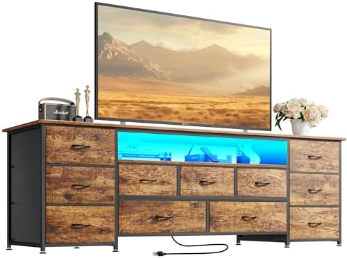 Huuger 63 Inch TV Stand for 65, 70 Inch TV, 11 Drawer Long Dresser with Power Outlets and LED Lights, Entertainment Center with Storage, Rustic Brown Dresser with PU Leather Surface