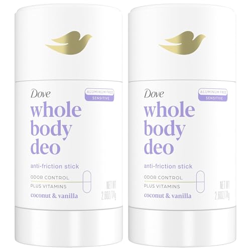 Dove Whole Body Deo Aluminum Free Anti-Friction Deodorant Stick Coconut + Vanilla for All Day Odor Control 2.6 oz (Pack of 2)