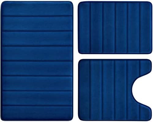 BYSURE Navy Blue Memory Foam Bathroom Rug Set 3 Piece, Non Slip Extra Soft Absorbent Bath Mats, Machine Washable & Dry Toilet Mat Sets for Bathroom Floor