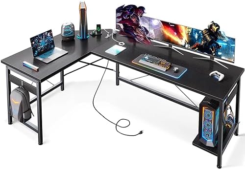 Coleshome 66" L Shaped Gaming Desk with Outlet, L Shaped Desk with CPU Stand, Corner Computer Desk, Home Office Desk, Writing Desk, Black