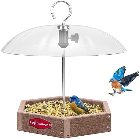Kingsyard Platform Bird Feeder for Outdoor Hanging - Rugged Recycled Plastic Wild Bird Feeding Station with Adjustable Dome & Metal Mesh Tray, Brown