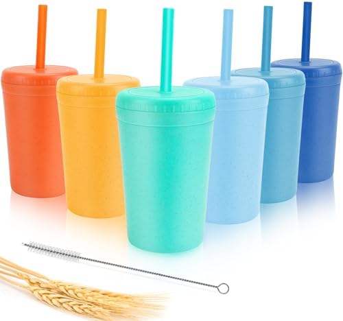 10 oz Wheat Straw Cups with Lids and Silicone Straws, Unbreakable Drinking Glasses, Plastic Cups for Kitchen, Small Tumbler Cups with Cleaning Brush, BPA Free, Dishwasher & Microwave Safe, 6 Pack