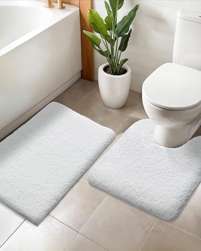 ILANGO 2 Piece Bathroom Rugs Bath Mat Set, Dries Quickly,Non Slip Fluffy Shaggy Bath Washable Mats with U-Shaped Toilet Rug Set for Bathroom,Tub,Toilet (White,17" x 24" + 22" x 24")