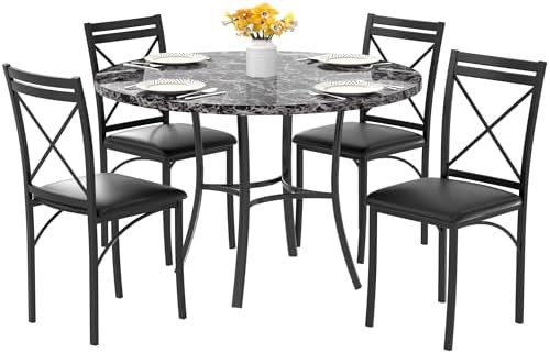 VECELO 5 Piece Dining Table Set for 4, Faux Marble Dinette with Chairs for Kitchen, Breakfast Nook, Small Space, Dark Black