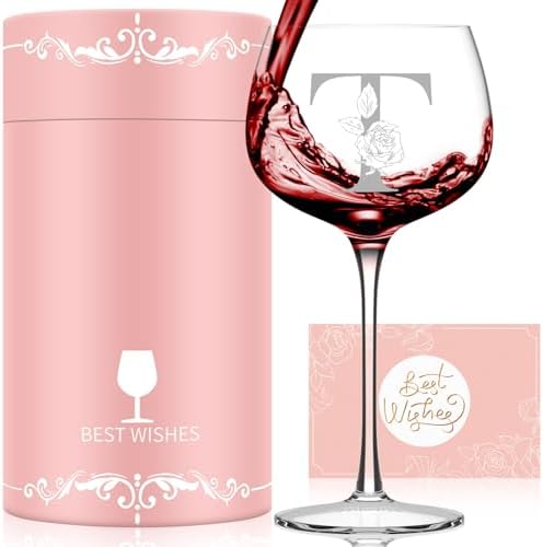 Gifts for Women, Friend, Mom, Wife,Her, Monogrammed A-Z Personalized Wine Glass Gift, Customized Gift for Women Birthday, Mothers Day Gifts for Mom (T)
