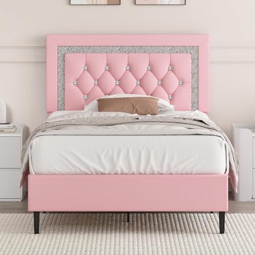 BarnFurin Twin Bed Frame with Tufted Button Headboard, Upholstered Platform Bed Frame with Diamond Design, Wood Slat Support, No Box Spring Needed, Easy Assembly, Pink