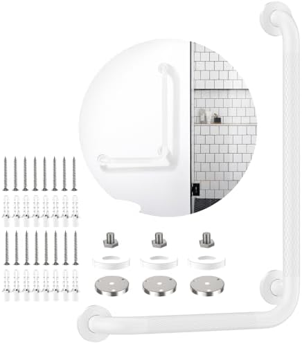 White Angled Grab Bar 16x24 Inch, iHansee Anti-Slip Bathroom Safety Bar w/Knurled Grip, Wall Mounted L-Shaped Shower Handle for Elderly Senior Handicap, Toilet Bathtub Balance Support Handrail