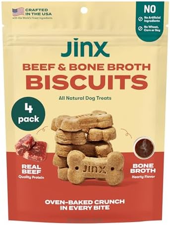 Jinx Oven-Baked Beef Bone Broth Biscuit Treats, Crunchy, All Natural, Superfood-Rich with Real Beef, Pumpkin & Blueberries, 16oz, 4 Pack