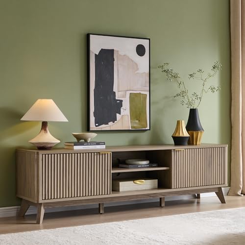 OKD 70" Mid Century Modern Fluted TV Stand, Entertainment Center, Sideboard, Media Console for Living Room with 2 Soft Close Door/Adjustable Shelves (Alder Grey)