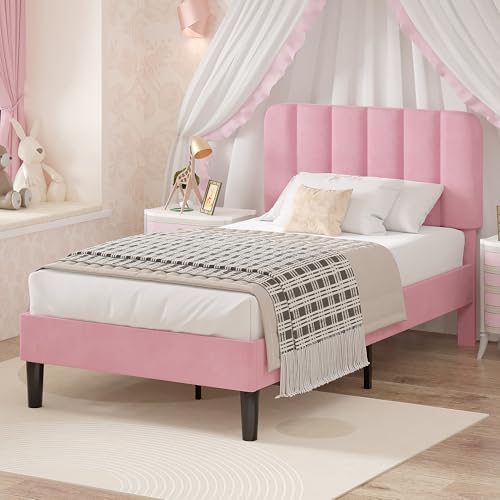 VECELO Twin Size Bed Frame with Upholstered Headboard, Velvet Platform Bedframe Mattress Foundation, Strong Wood Slat Support, No Box Spring Needed,Pink