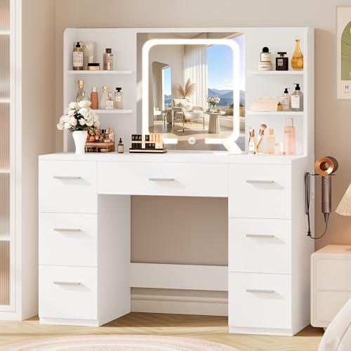 Large Makeup Vanity Desk, 43.3”W x 15.7“D x 53.2”H, White (Large Desktop, Samrt LED Mirror, 4 Open Shelves, 7 Drawers, Hairdryer Rack, Power-Outlet, No Cushion Stool Included)