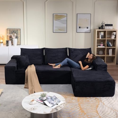 107" Modular Sectional Couches for Living Room, Comfy Boneless L Shaped Cloud Couch with Chaise Lounge, Modern Cozy Corduroy Deep Seat Floor Sofa, Memory Foam, No Assembly Required, Black