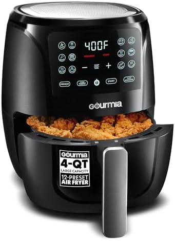 Gourmia Air Fryer Oven Digital Display 4 Quart Large AirFryer Cooker 12 1-Touch Cooking Presets, Black and Stainless Steel Accents Fry Force GAF486