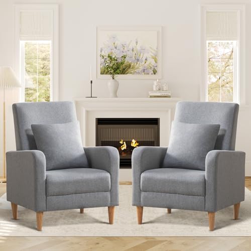 COLAMY Fabric Accent Living Room Chairs Set of 2, Upholstered Arm Chair Reading Side Chair, Single Sofa with Back Pillow and Wood Legs, Light Grey