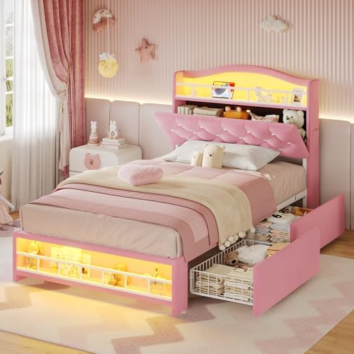 BTHFST Twin Bed Frame with Storage Headboard & 4 Drawers, Girl Upholstered Storage Bed with LED Lights & Charging Station, No Box Spring Needed, Easy Assembly, Pink