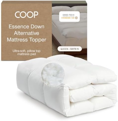 Coop Home Goods Essence Down Alternative Mattress Topper Queen, Plush 2-Inch Gusset and Baffle Box Design for Even Support and Comfort, Premium Bed Topper for Pressure Relief, Oeko-TEX Certified