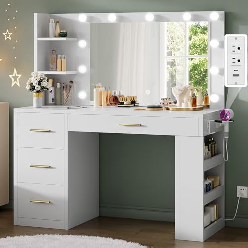 DWVO Makeup Vanity Desk with Mirror & Lights, 40inch Vanity Table with Power Outlets, 4 Drawers & 6 Open Storage Shelves, 3 Color Modes & Adjustable Brightness Dressing Table for Bedroom, White