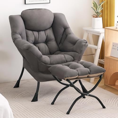 Lazy Chair with Ottoman, Modern Accent Chair Contemporary Lounge Leisure Sofa Chair with Armrests, Reading Chair and Folding Footstool Set for Living Room, Bedroom, Office, Dark Grey