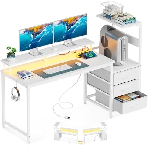 AODK 52 Inch Gaming Desk with USB Charging Ports & LED Light- Reversible Computer Desk with Storage Shelves & Monitor Stand, Modern Gamer Desk Table with Fabric Drawers & Side Hook, Carbon Fiber White