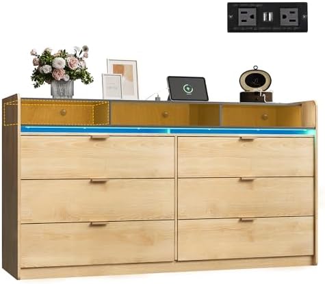 WLIVE 9 Drawer Led Dresser for Bedroom, 58.35'' Wide Wood Dresser Storage Organizer with Power Outlets for 65'' TV, Dressers with Open Shelves, Chest of Drawers for Closet, Living Room, Light Oak