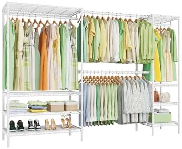 Ulif E11 Heavy-Duty Garment Rack, Metal Freestanding Clothes Rack and Closet Storage Organizer with 8 Shelves and 4 Hanger Rods, (73.2 - 97.6)"W x 14.5"D x 71.2"H, Load 1034 LBS, White