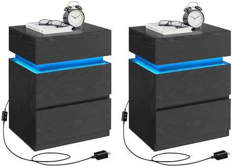 VASAGLE Nightstands with LED Lights, Set of 2, Adjustable Light Colors, Bedside Tables, Side Tables with 3 Drawers, Modern Style, 13.8 x 15.7 x 21.7 Inches, Ebony Black ULET799T58