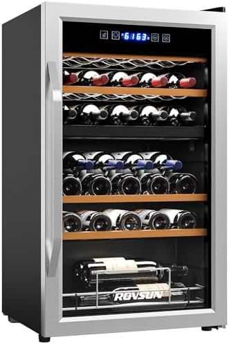 ROVSUN 33 Bottle Wine Fridge, Dual Zone Wine and Beverage Refrigerator with Independent Temp & LED Control Panel, Freestanding Wine Cooler Chiller for Red White Wine, Champagne, Beer