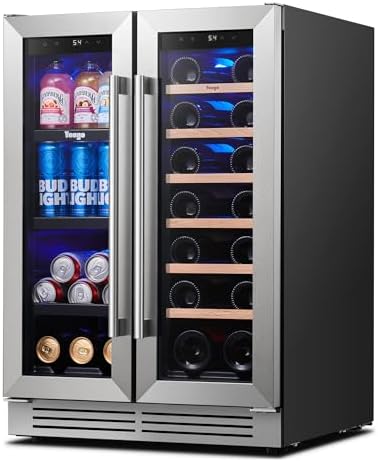 Yeego Wine and Beverage Refrigerator - 24 Inch Dual Zone Wine Fridge 60 Can & 20 Bottle, 36-72°F Cooler Built in Under Counter Fridge with Glass Door for Beer Soda Drink Home Bar Office