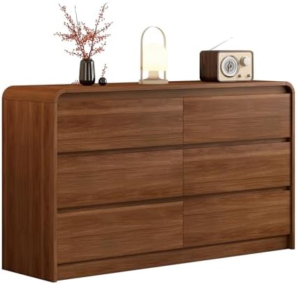 Modern 6 Drawer Dresser, 55-Inch Wood Chest of Drawers, Curved Anti-Collision Design, Mid-Century Storage Cabinet, Pre-Embedded Slots, Natural Texture, for Bedroom, TV Stand (W-55IN)