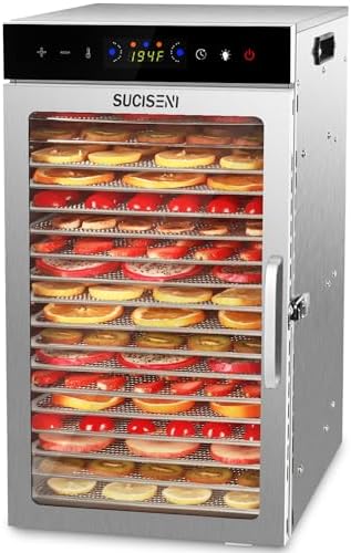 SUCISENI Food Dehydrator Machine 1000W 18 Trays Stainless Steel Commercial Food Dehydrated Dryer with 24H Timer Touch-Control LED Display, Compact Size for Home Jerky Herbs Meat Beef Fruit Vegetables