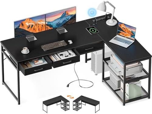AODK 61 Inch L Shaped Computer Desk with Drawers, Corner Desk with Power Outlets & Reversible Storage Shelves, Movable CPU Stand for Home Office Gaming, Black